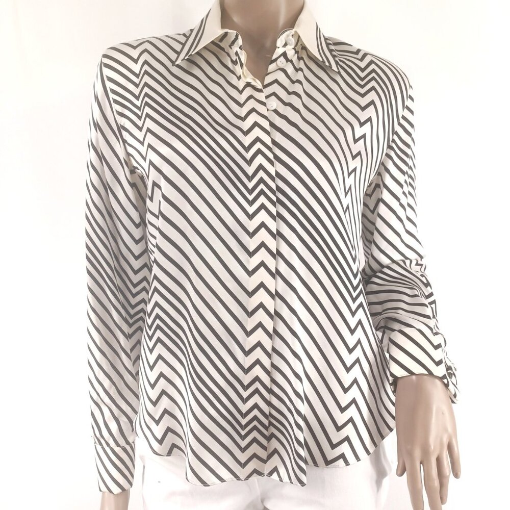 STARINGTON Shirt Blouse Button Down French Cuff Diagonal Stripe Silk Satin 4